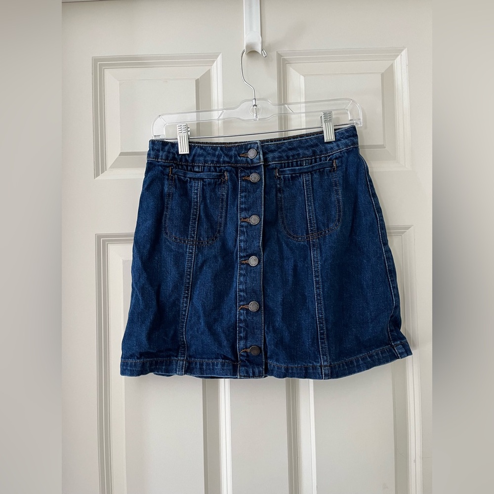 Women’s Topshop Moto Dark Denim Jean Button front Mini Skirt Contrast Stitch 28
